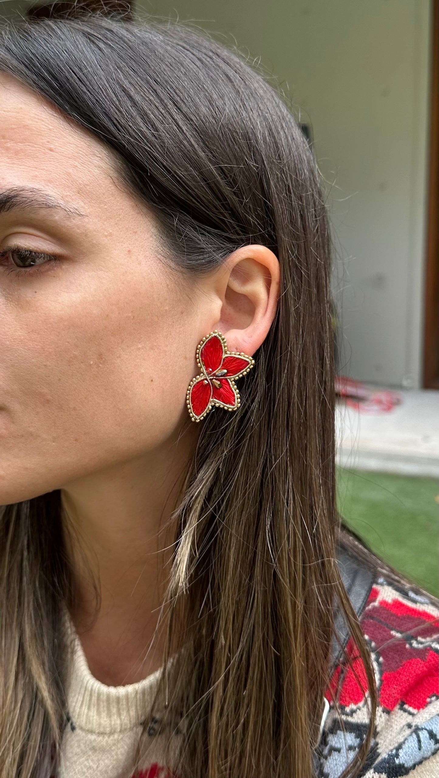 Aro Ricamo flor seda roja 10