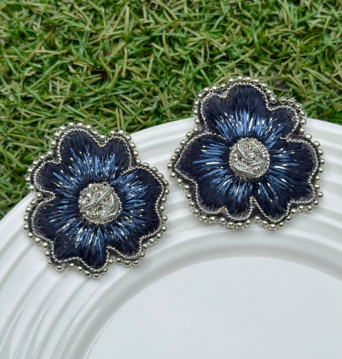 Aro Ricamo flor azul seda 1